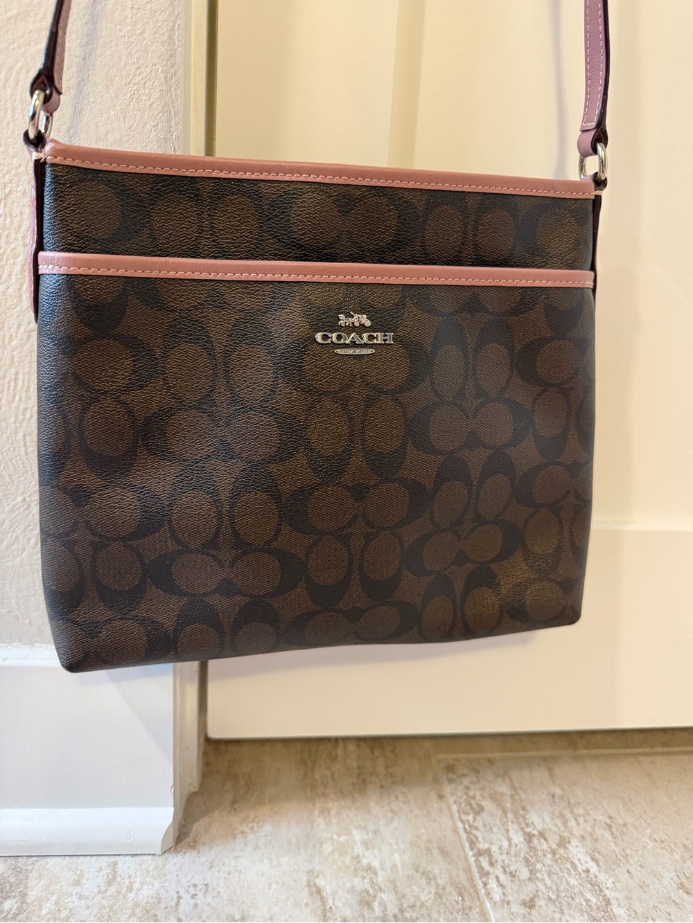 COACH Signature Crossbody Bag in Brown with Pink Trim